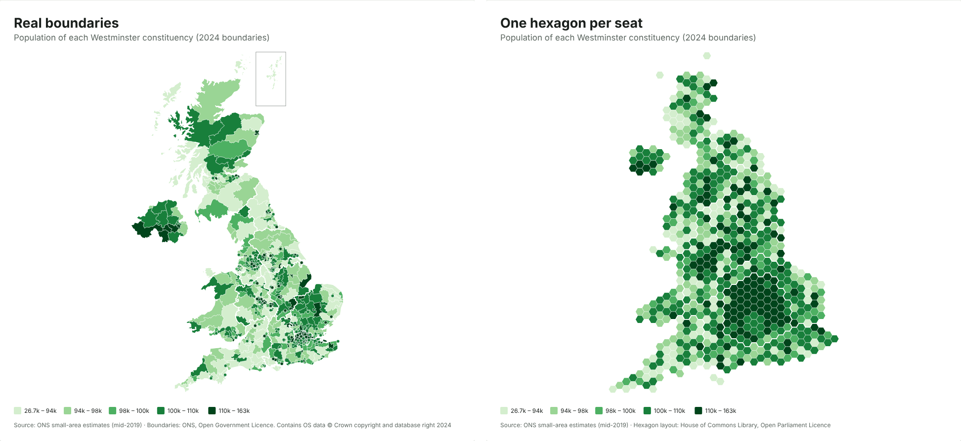 The same constituency data drawn as real boundaries and as hexagons