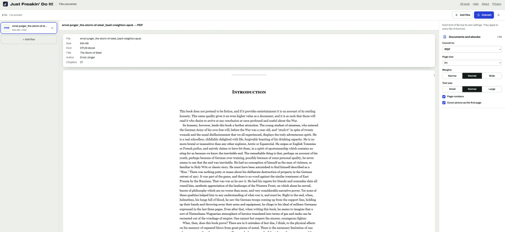Screenshot of a file converter website showing an EPUB ebook, The Storm of Steel by Ernst Jünger, being converted to PDF. The interface displays ebook metadata and a preview of the introduction, with settings for page size, margins, text size, page numbers and a cover page.