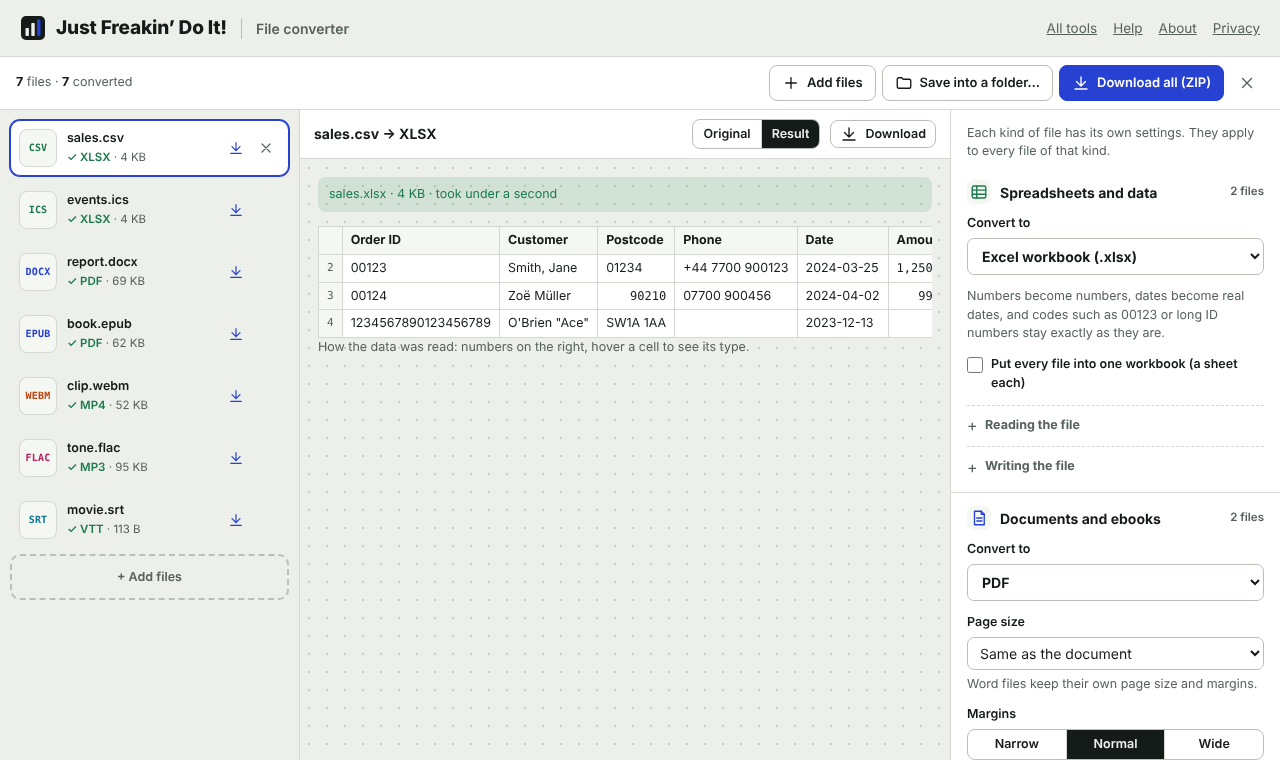 The file converter: a list of files on the left, a preview of a converted spreadsheet in the middle and settings for each kind of file on the right
