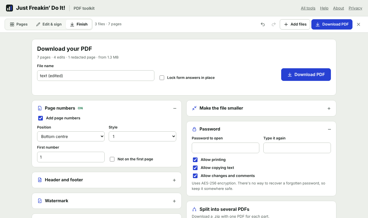The Finish tab with download, page numbers, password and split options