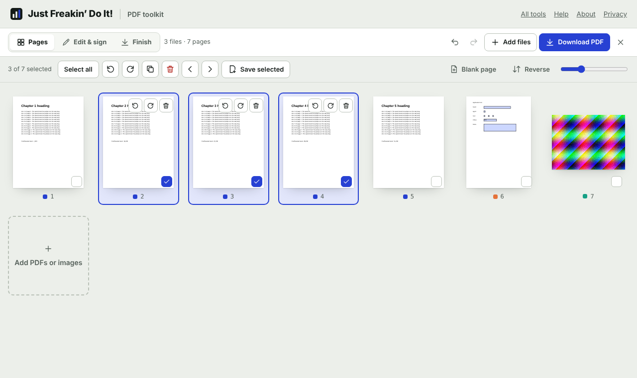 The Pages tab with three pages selected and a toolbar of page actions