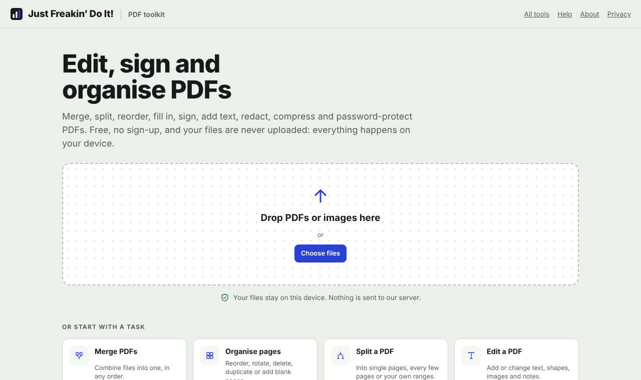 The PDF toolkit start page with a drop zone and task tiles